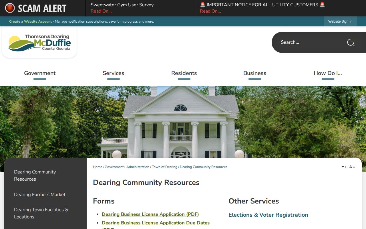 Official Dearing community resources page directing arrest questions to McDuffie County Sheriff