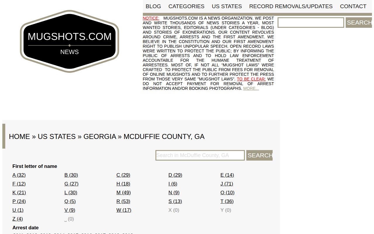 Unofficial legacy Mugshots.com McDuffie County archive source