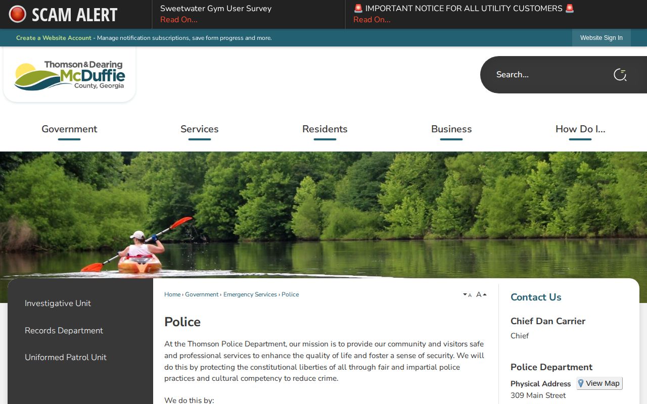 Official Thomson Police page directing custody questions to McDuffie County records