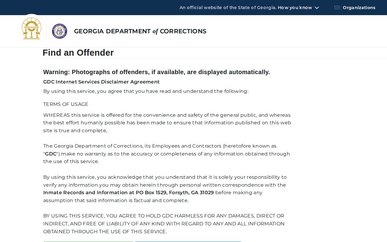 Georgia Department of Corrections offender search form for McDuffie County custody research