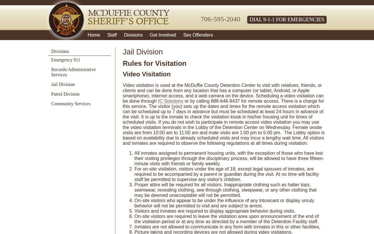 McDuffie County Jail official detention and booking records page
